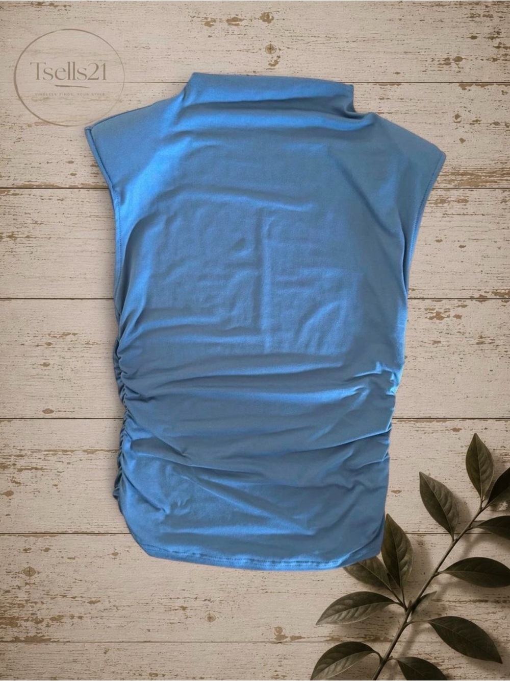 SHEIN Blue Ruched Shoulder Pad Top - Size M